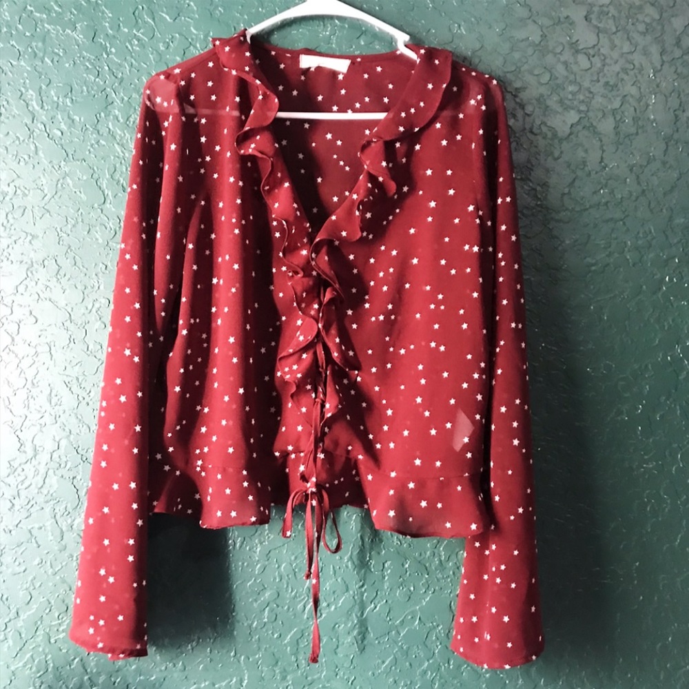UO KIMCHI BLUE Ruffle Sheer Blouse
